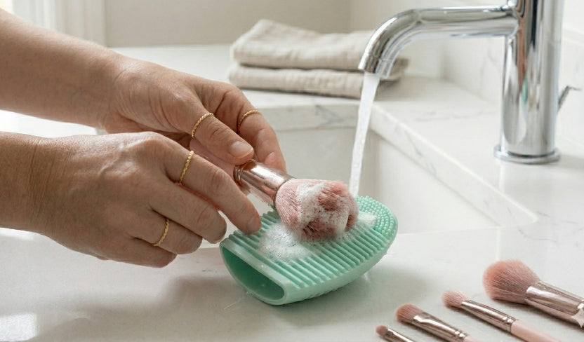 Hände reinigen Make-up-Pinsel mit Seife auf einer Silikonmatte unter fließendem Wasser im Waschbecken.