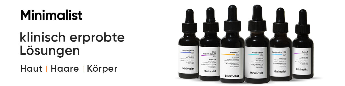 Sechs Pipettenflaschen der Marke Minimalist mit unterschiedlichen Haut- und Haarseren, daneben Text: ‚Minimalist – klinisch erprobte Lösungen für Haut, Haare, Körper‘.
