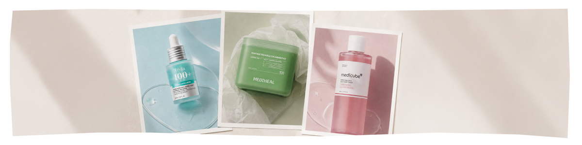 Koreanische Skincare von Anua, Mediheal und Medicube mit Serum, Toner Pads und Toner in einer dekorativen Collage.