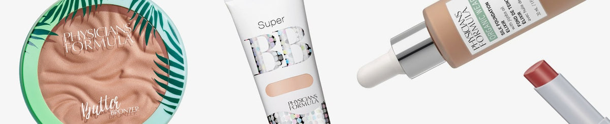 Verschiedene Make-up-Produkte von Physicians Formula, darunter Bronzer, BB Cream, Foundation mit Pipette und Lippenstift.