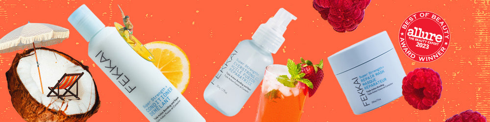 Fekkai-Haarprodukte mit Kokosnuss, Zitrone, Himbeeren, einem Getränk und dem Allure Best of Beauty-Award-Abzeichen auf orangefarbenem Hintergrund.