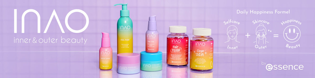 Bunte INAO Pflege- und Nahrungsergänzungsprodukte vor lilafarbenem Hintergrund mit Slogan ‚inner & outer beauty‘ und einer Happiness-Formel von essence.