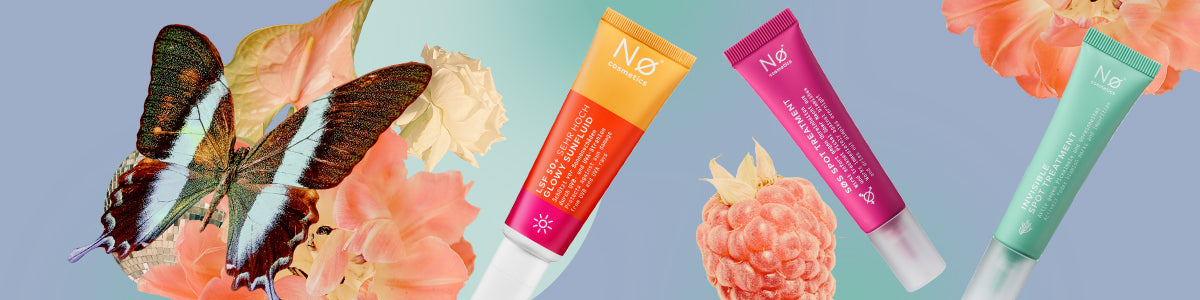 Bunte Hautpflegetuben von Nø Cosmetics mit Blumen, Schmetterling und einer Himbeere auf pastellfarbenem Hintergrund.