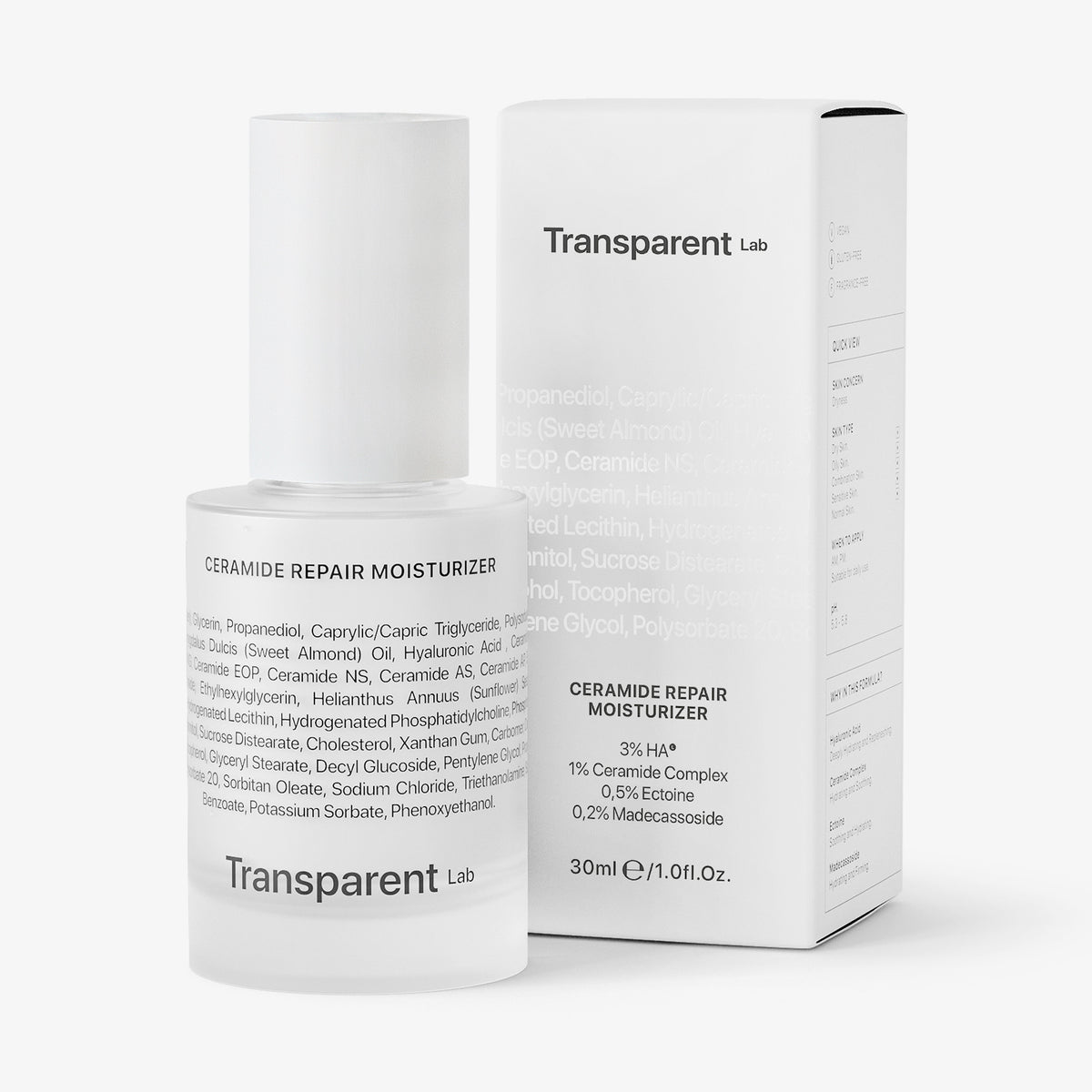 Der Ceramide Repair Moisturizer von Transparent Lab steht neben der Produktverpackung.