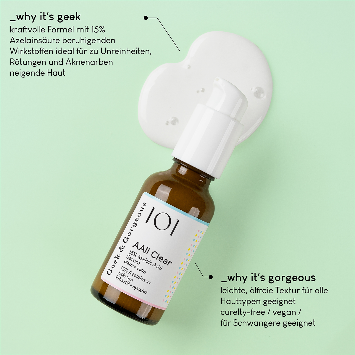 Braune Flasche mit der Aufschrift „AAll Clear“ von Geek & Gorgeous, weißer Pumpspender, auf grünem Hintergrund mit cremefarbenem Strich und Produkttext in deutscher Sprache.