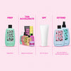 Vier-Schritte-Bräunungsroutine mit The Fox Tan Produkten: Prep (Rapid Elixir), Tan Accelerate (Rapid Accelerators), SPF (frei wählbar), Extend (Sun Tan Sealer).