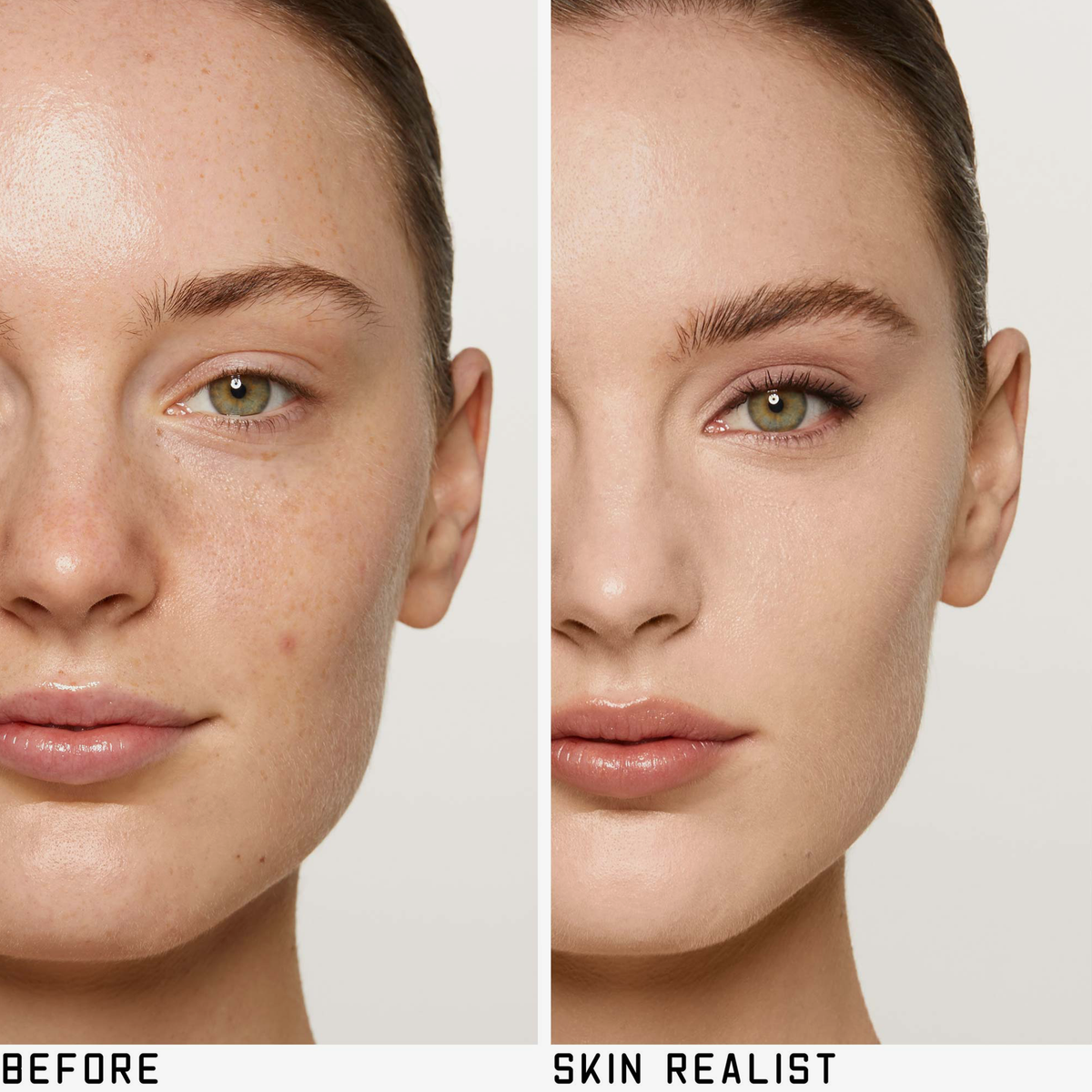 Geteiltes Bild des Gesichts einer Frau: linke Seite nackte Haut, rechte Seite mit glattem, ebenmäßigem Teint nach dem Auftragen des getönten Balsams von Skin Realist.