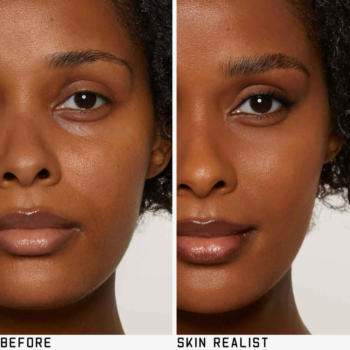 Geteiltes Bild eines Frauengesichts: linke Seite ohne Make-up, rechte Seite mit Skin Realist Tinted Balm für ein natürliches Aussehen.