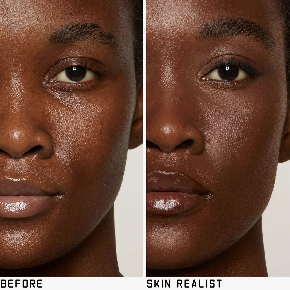 Geteiltes Bild eines Frauengesichts: linke Seite ohne Make-up, rechte Seite mit Skin Realist Tinted Balm für ein natürliches Aussehen.