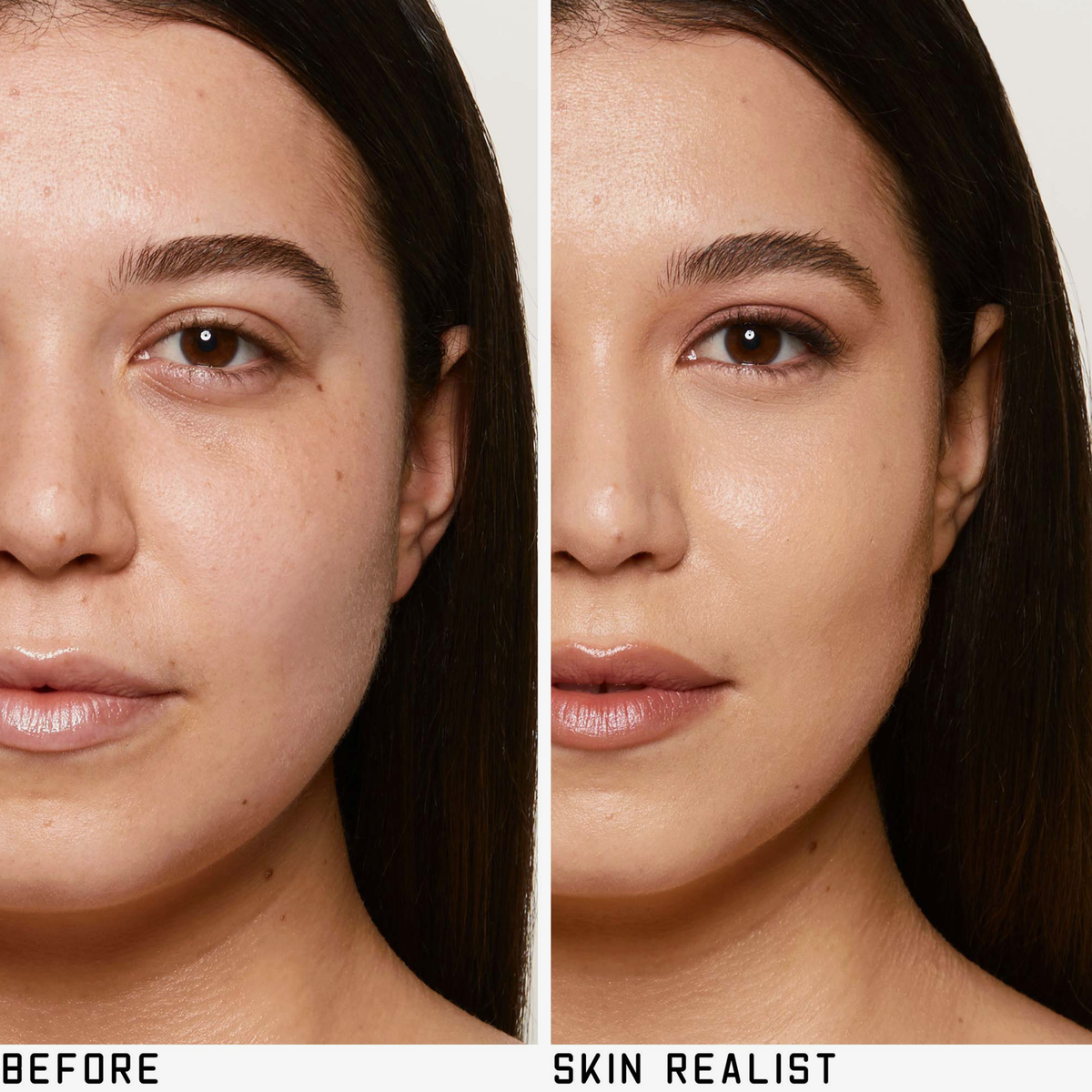 Geteiltes Bild eines Frauengesichts: linke Seite ohne Make-up, rechte Seite mit Skin Realist Tinted Balm für ein natürliches Aussehen.
