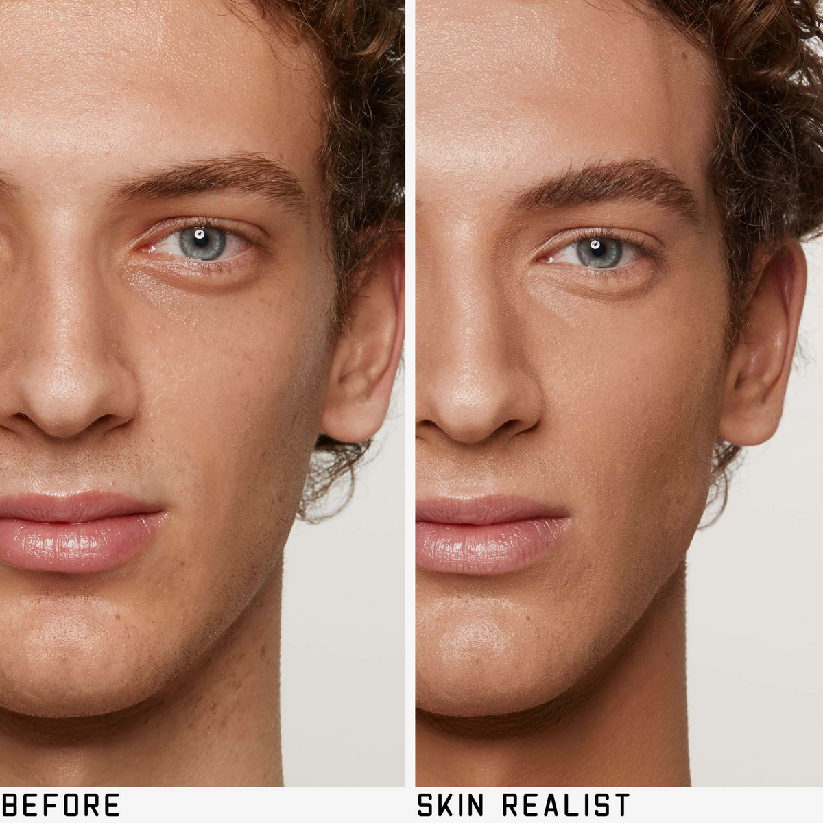 Nahaufnahme des Gesichts eines Mannes vor und nach dem Auftragen des getönten Balsams von Skin Realist. Die Haut ist glatter und ebenmäßiger getönt.