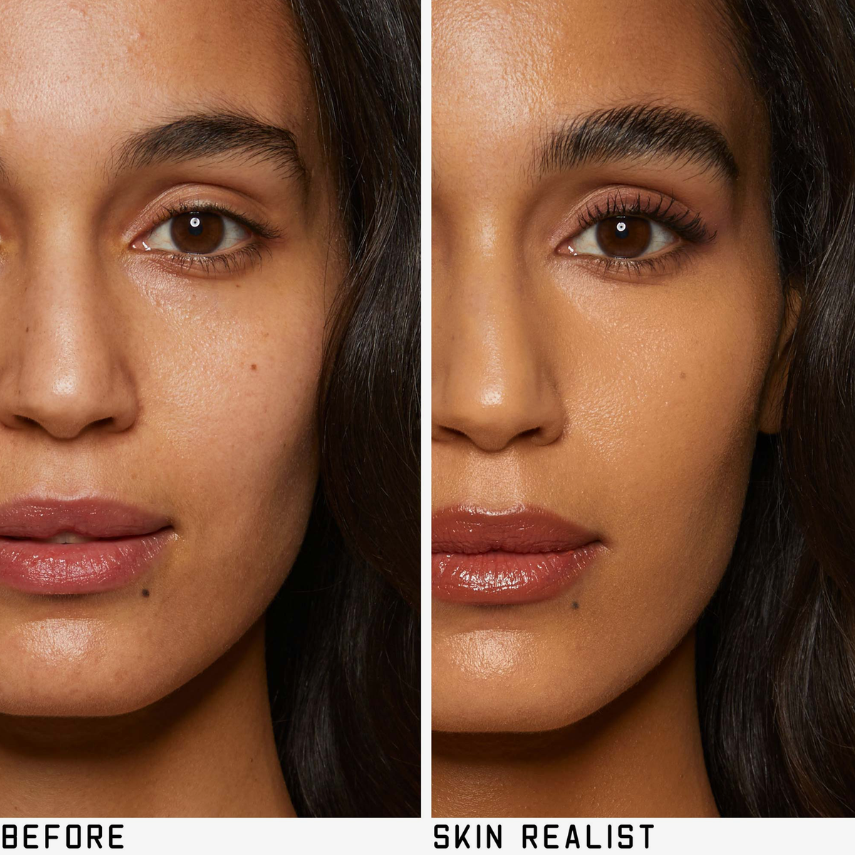 Geteiltes Bild eines Frauengesichts: linke Seite ohne Make-up, rechte Seite mit Skin Realist Tinted Balm für ein natürliches Aussehen.