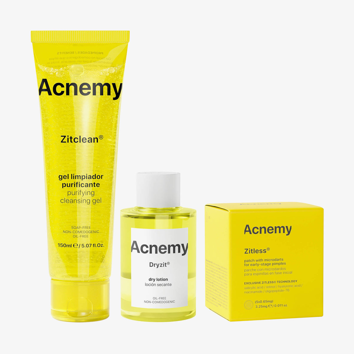 Eine Zitclean Tube, eine Dryzit Flasche und eine Box Zitless vor weißem Hintergrund.