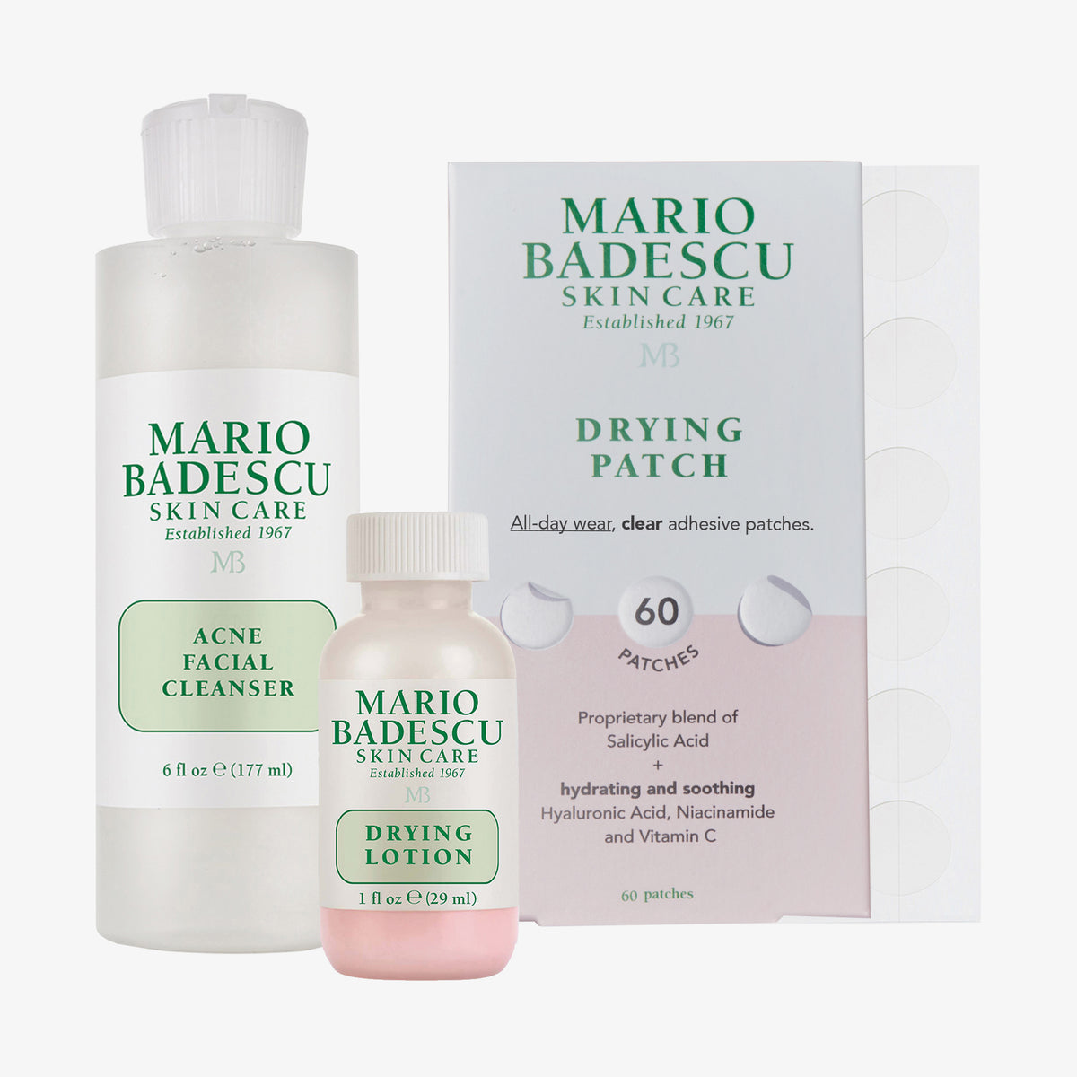 Mario Badescu Anti-Pickel-Set mit Cleanser, Drying Lotion und 60 durchsichtigen Drying Patches – zur Pflege unreiner, zu Akne neigender Haut.