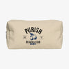 PURISH Kosmetiktasche : Beigefarbene Tasche mit Reißverschluss und „PURISH BEACH CLUB berlin“ und einer blauen Zitronengrafik auf der Vorderseite.