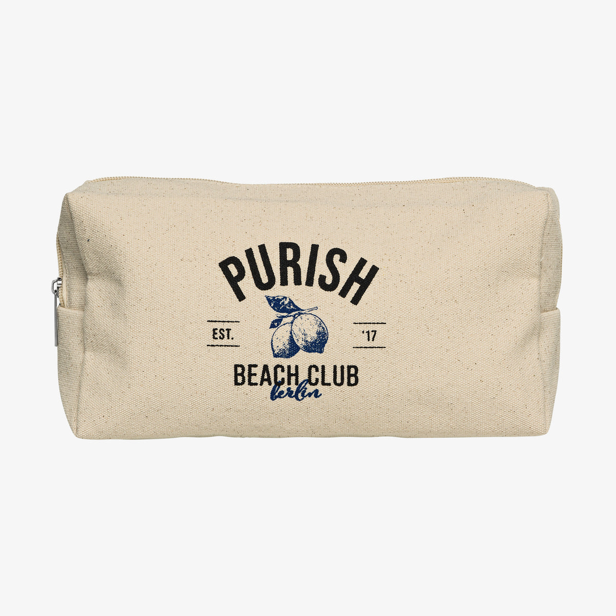 PURISH Kosmetiktasche : Beigefarbene Tasche mit Reißverschluss und „PURISH BEACH CLUB berlin“ und einer blauen Zitronengrafik auf der Vorderseite.