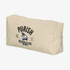 PURISH Kosmetiktasche in Beige mit einer blauen Fruchtgrafik und dem Aufdruck „Purish Beach Club Berlin“ auf der Vorderseite und Reißverschluss.