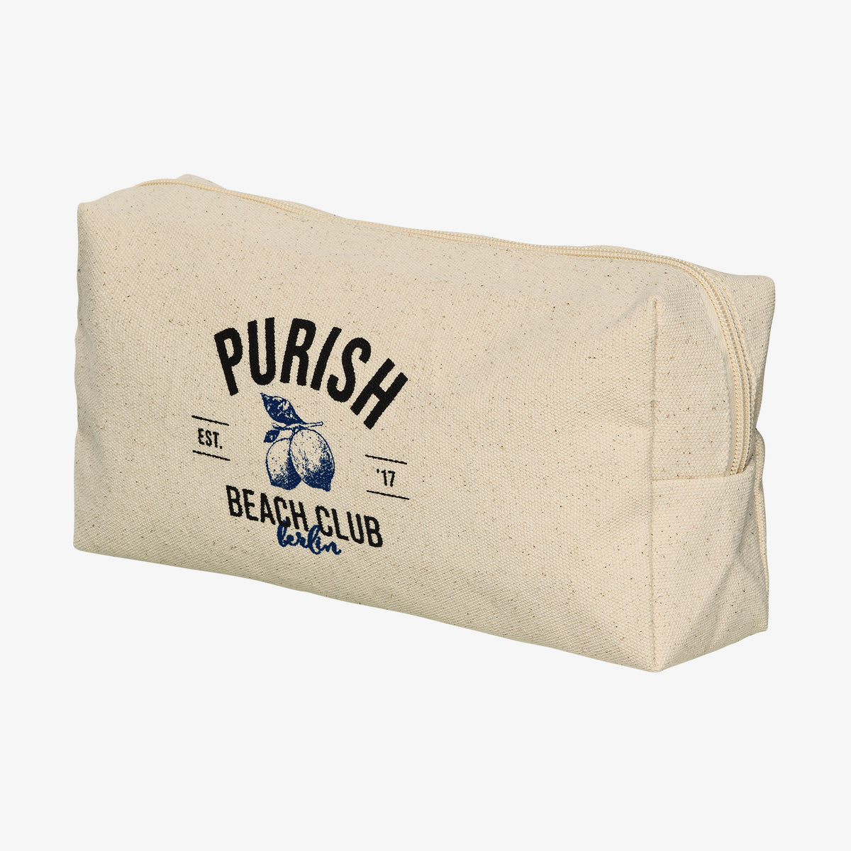 PURISH Kosmetiktasche in Beige mit einer blauen Fruchtgrafik und dem Aufdruck „Purish Beach Club Berlin“ auf der Vorderseite und Reißverschluss.