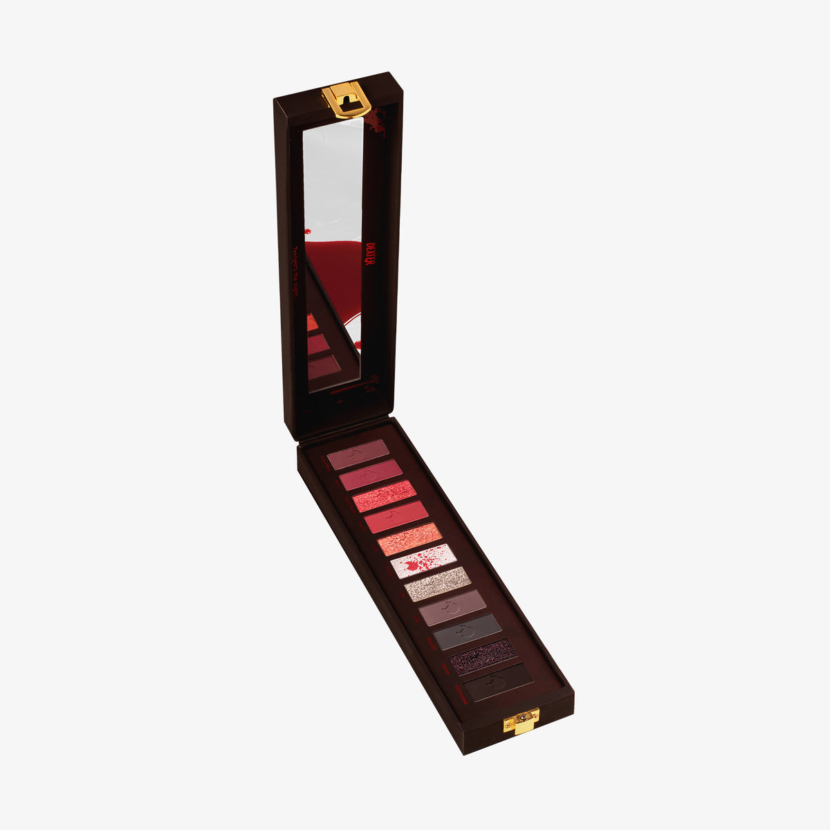 Die „Dexter“-Palette von Lethal Cosmetics ist eine offene Lidschattenpalette mit acht Farbtönen in einem schwarzen Etui mit Spiegel, die von Rosatönen bis hin zu dunklen Grautönen reicht.