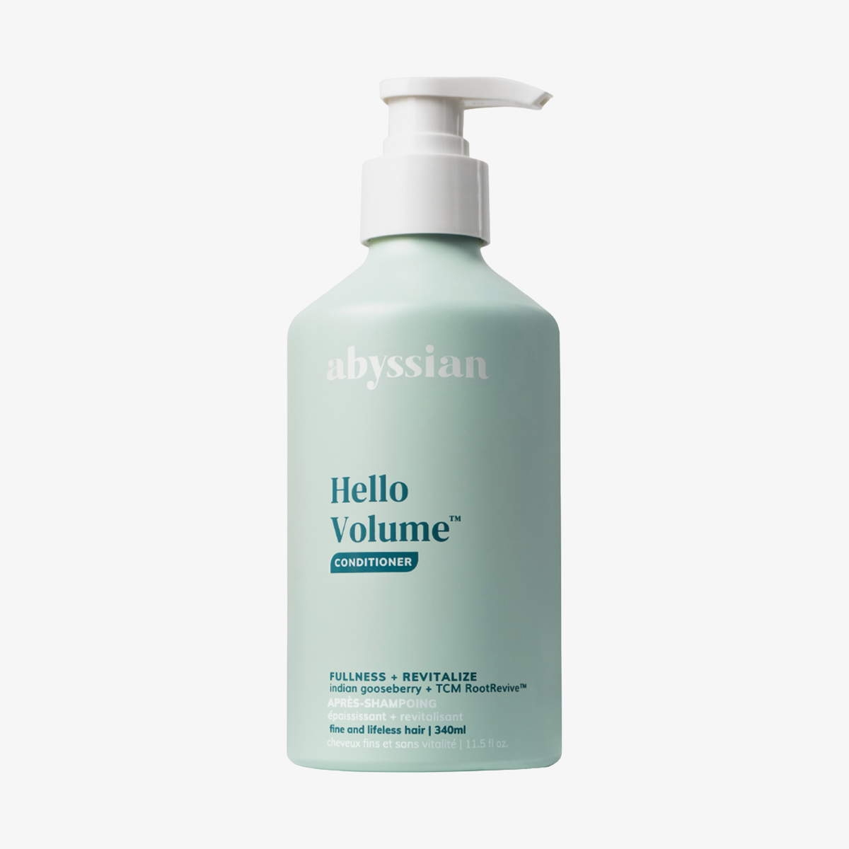 Abyssian Hello Volume Conditioner gegen Haarausfall, 340 ml Pumpflasche, türkis, für feines und kraftloses Haar.