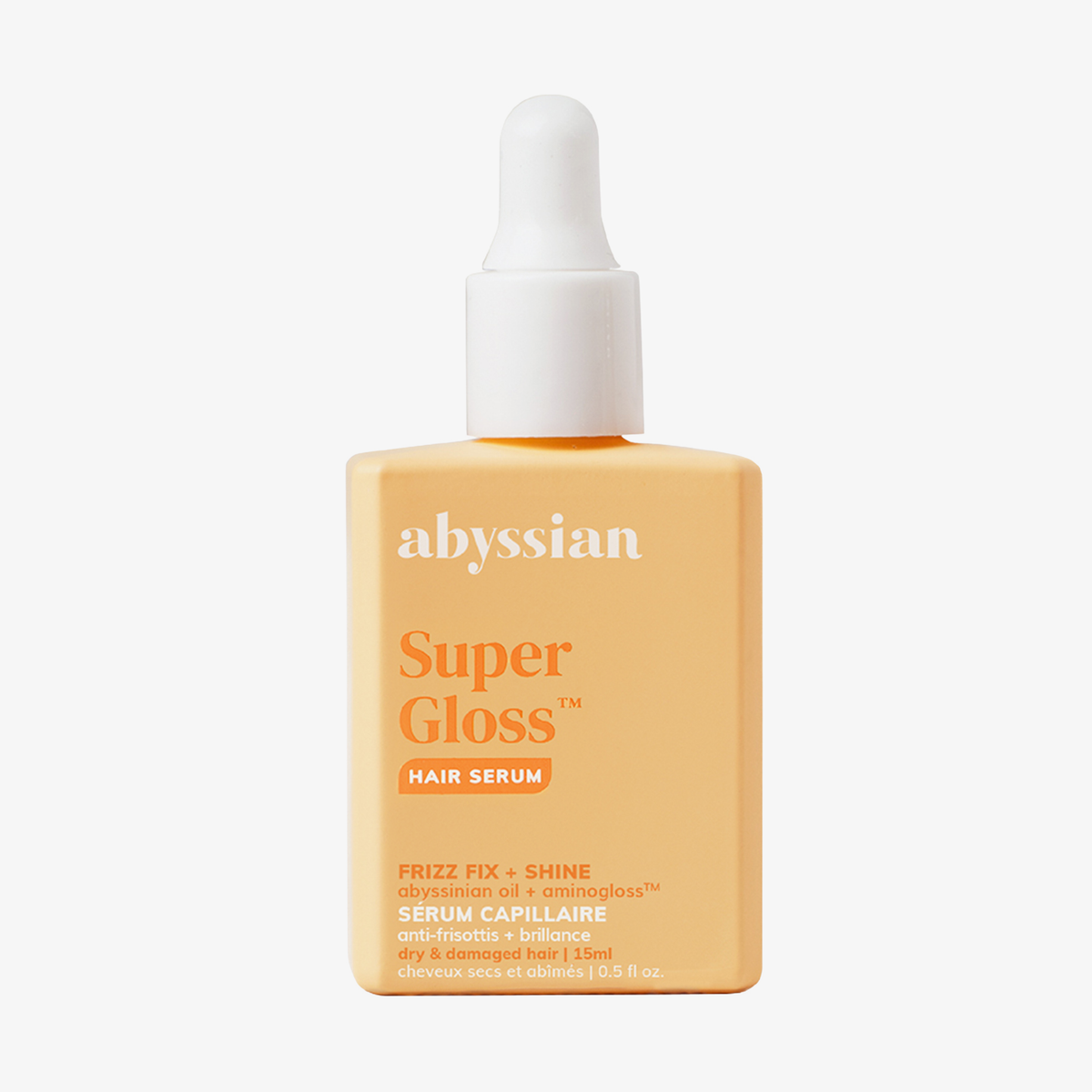 Abyssian Supergloss Haarserum in einer gelben Flasche mit weißem Tropfverschluss, zur Bekämpfung von krausem Haar und für mehr Glanz.