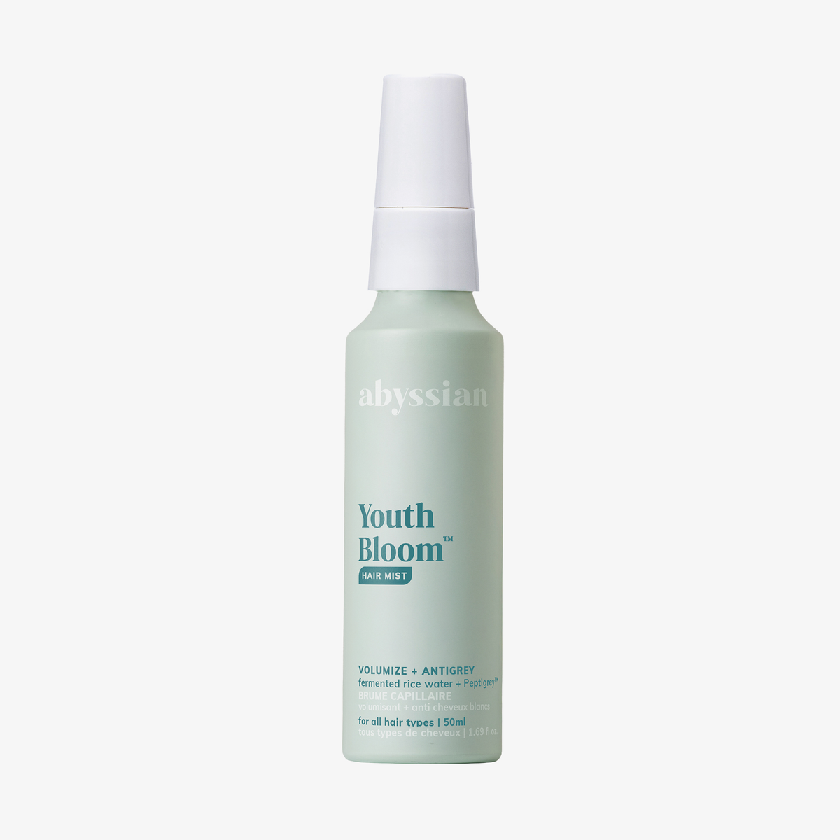Abyssian Youth Bloom Haarspray, 150 ml, hellgrüne Flasche mit weißer Sprühkappe, für alle Haartypen.