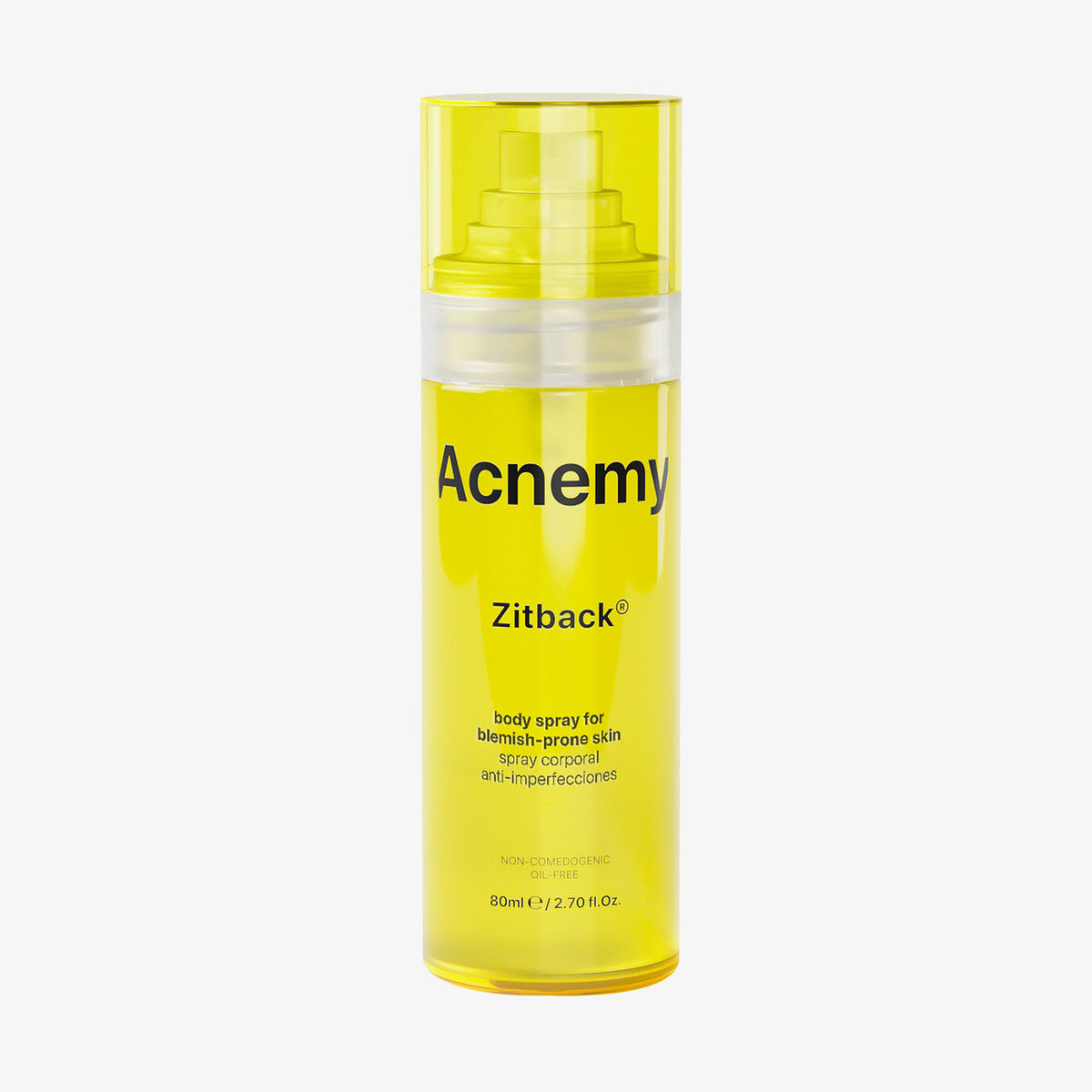 Gelber Spray-Flakon von Acnemy mit der Aufschrift ‘Zitback’ – Körperspray für zu Unreinheiten neigende Haut, 80 ml.