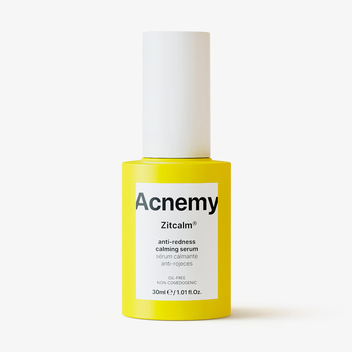 Acnemy Zitcalm Serum (30 ml) in gelber Falsche mit weißem Deckel vor weißem Hintergrund.
