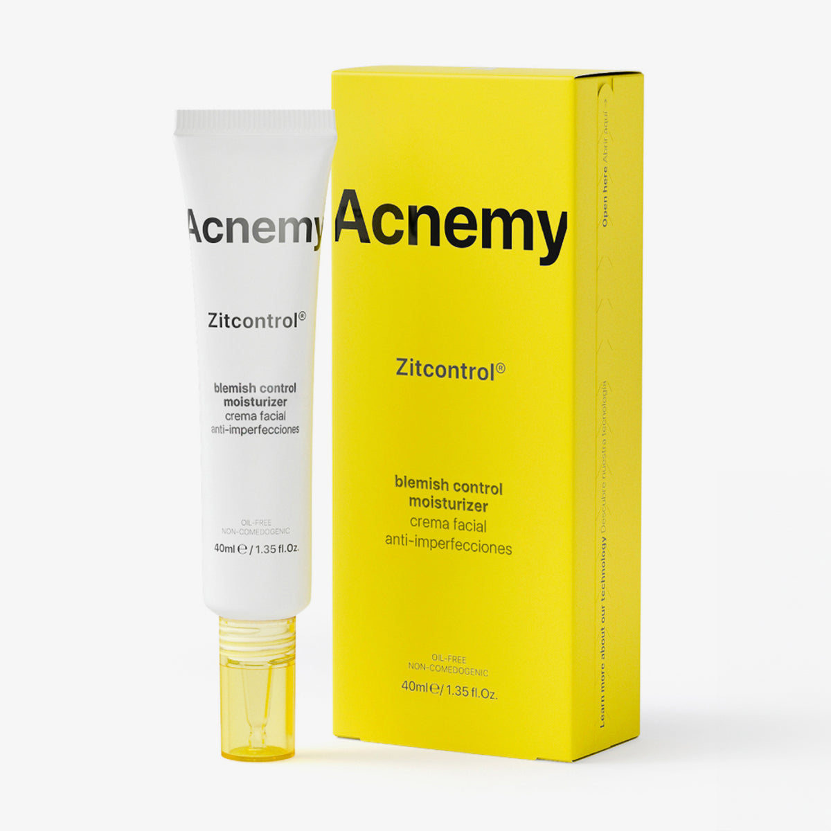 Eine Tube Acnemy Zitcontrol® mit gelber Verpackung vor weißem Hintergrund