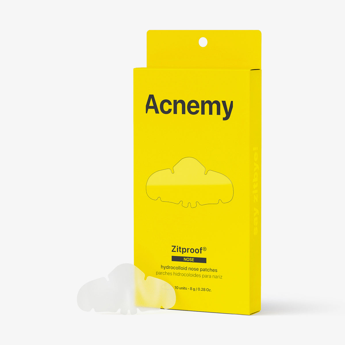 Gelbe Verpackung des Zitproof Nose und ein wolkenförmiges Hydrokolloid-Nasenpflaster vor weißem Hintergrund