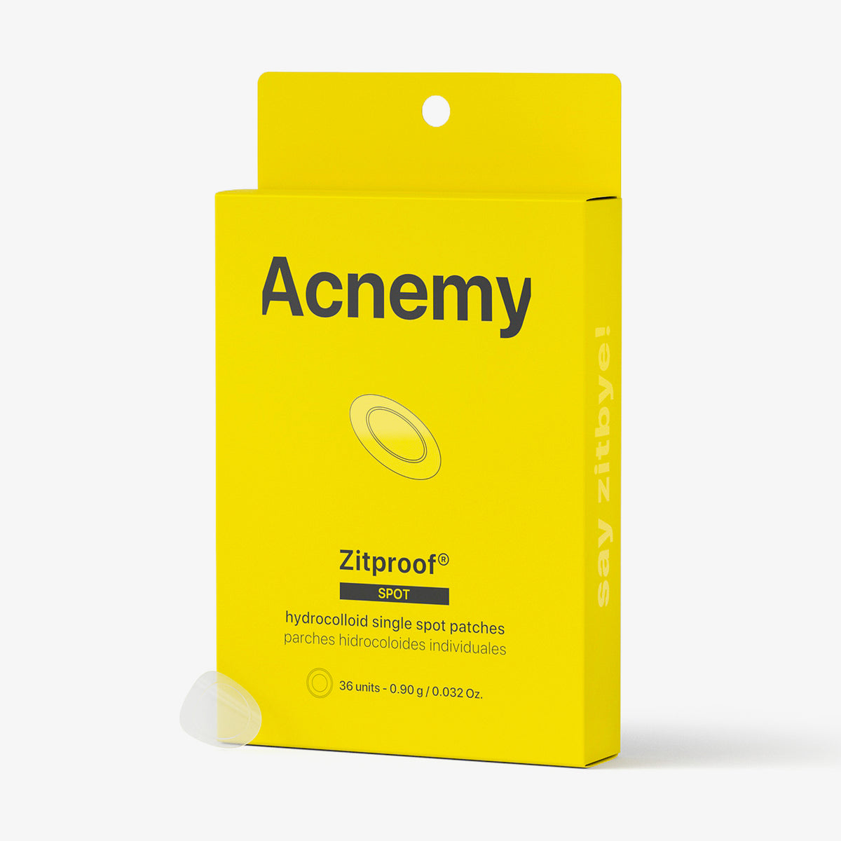 Gelbe Verpackung von Zitproof Spot von Acnemy, links davor ein transparenter runder Patch 