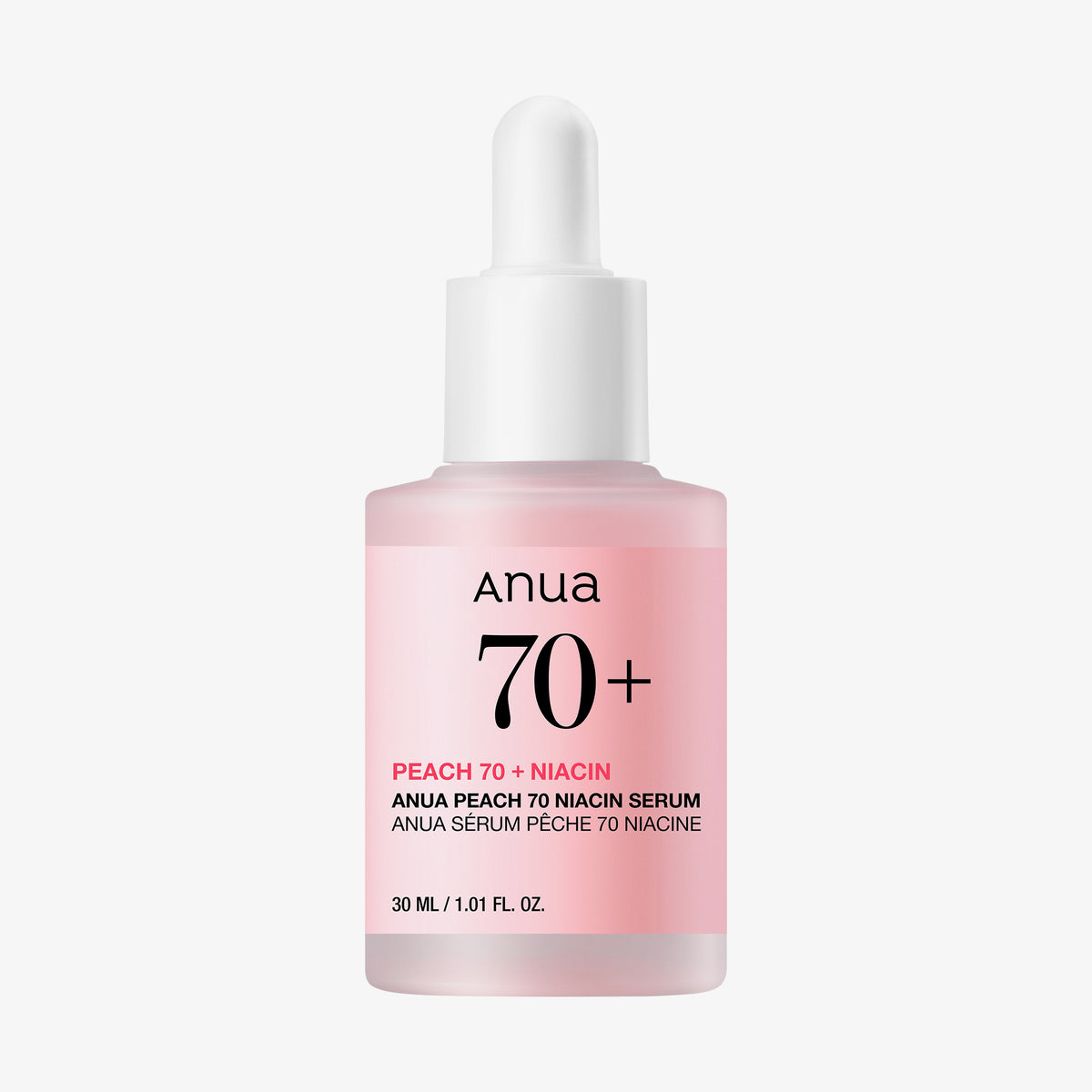 Eine Flasche Peach 70 % Niacinamide Serum mit einer weißen Tropfkappe auf weißem Hintergrund.