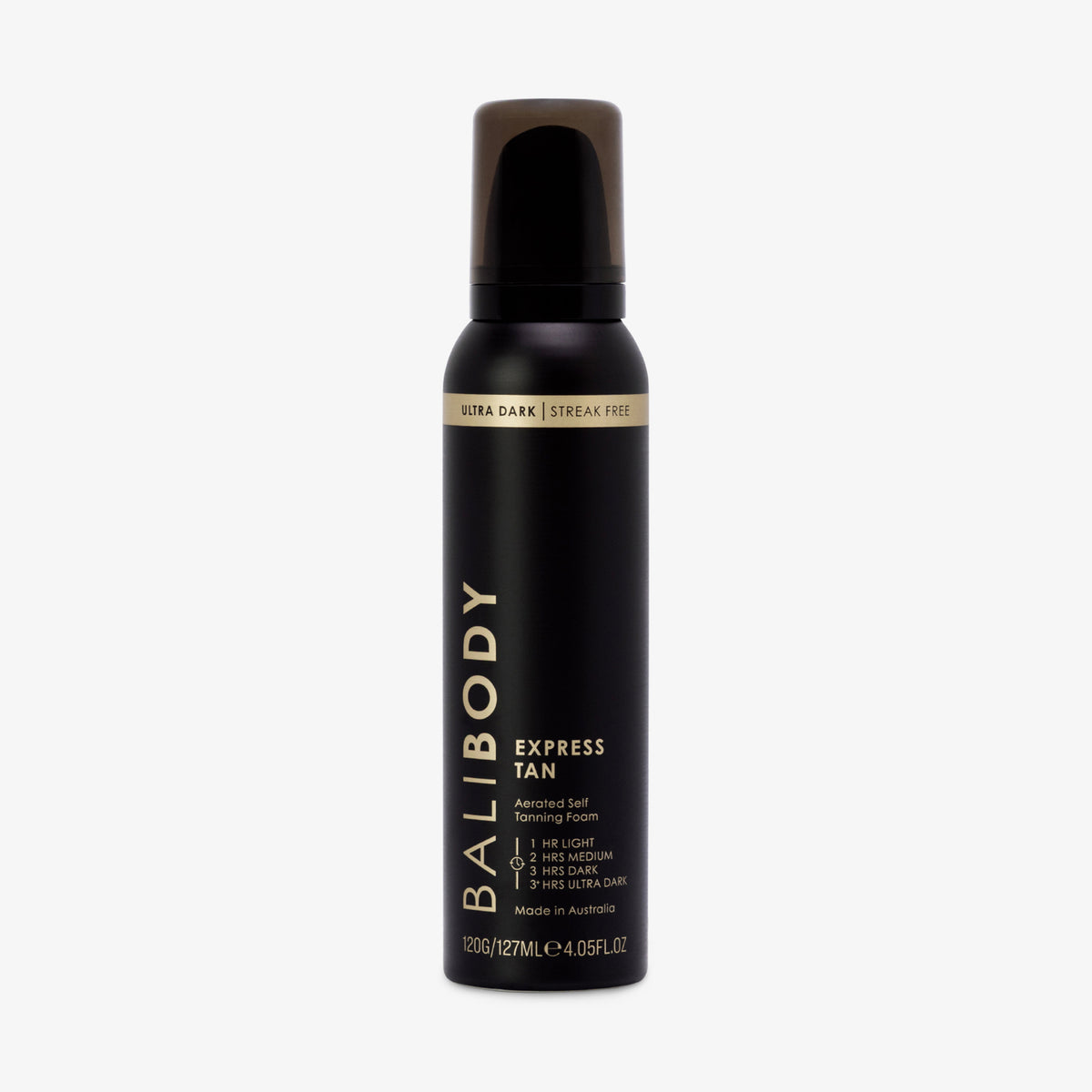 Schwarze Flasche Bali Body 1 HR Express 120 g Ultra mit goldenen Details vor weißem Hintergrund.