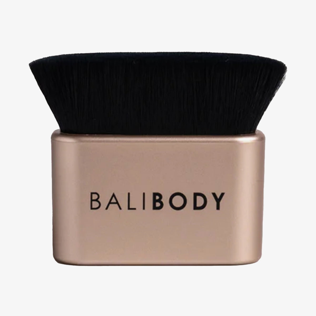 Kompakter, flacher Blending-Pinsel von Bali Body mit schwarzen Borsten und roségoldenem Griff.