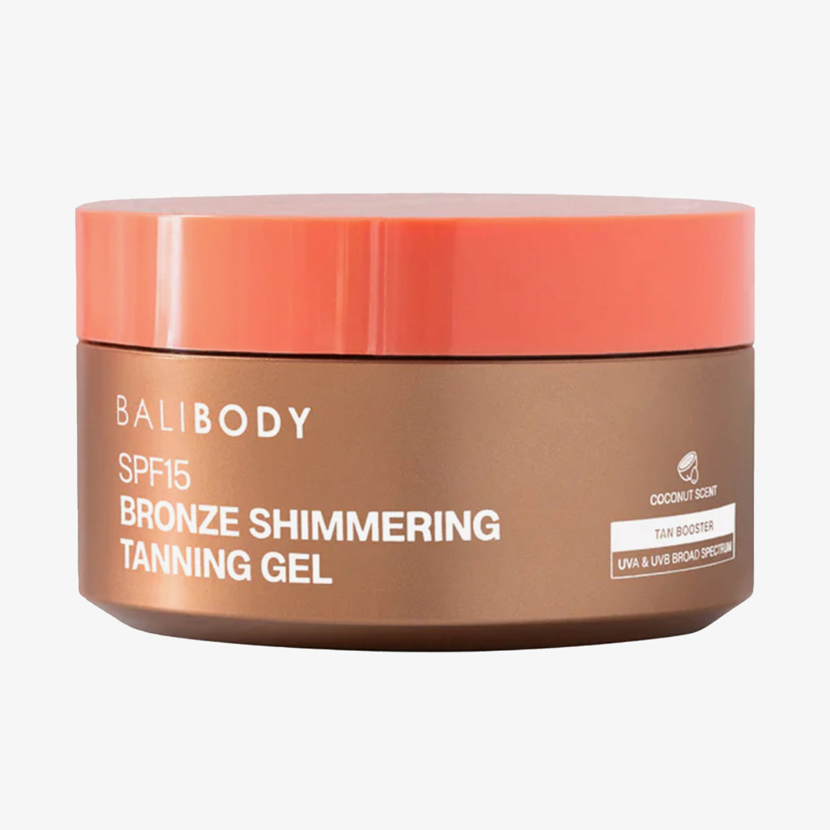 Ein brauner Tiegel Bali Body Bronze Shimmering Tanning Gel SPF 15 mit orangem Deckel ist auf einem weißen Hintergrund abgebildet.