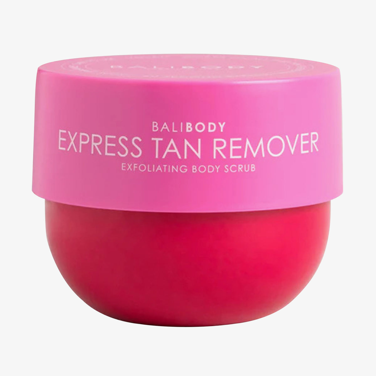 Rot-rosaner abgerundeter Tiegel des Express Tan Remover von Bali Body vor weißem Hintergrund