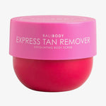 Rot-rosaner abgerundeter Tiegel des Express Tan Remover von Bali Body vor weißem Hintergrund