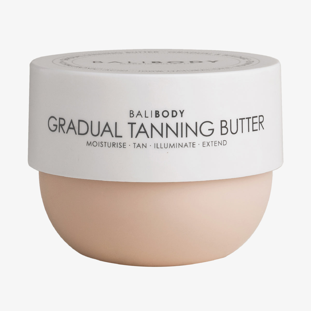 Ein pfirsichfarbener Tiegel Gradual Tanning Butter von Bali Body auf weißem Hintergrund