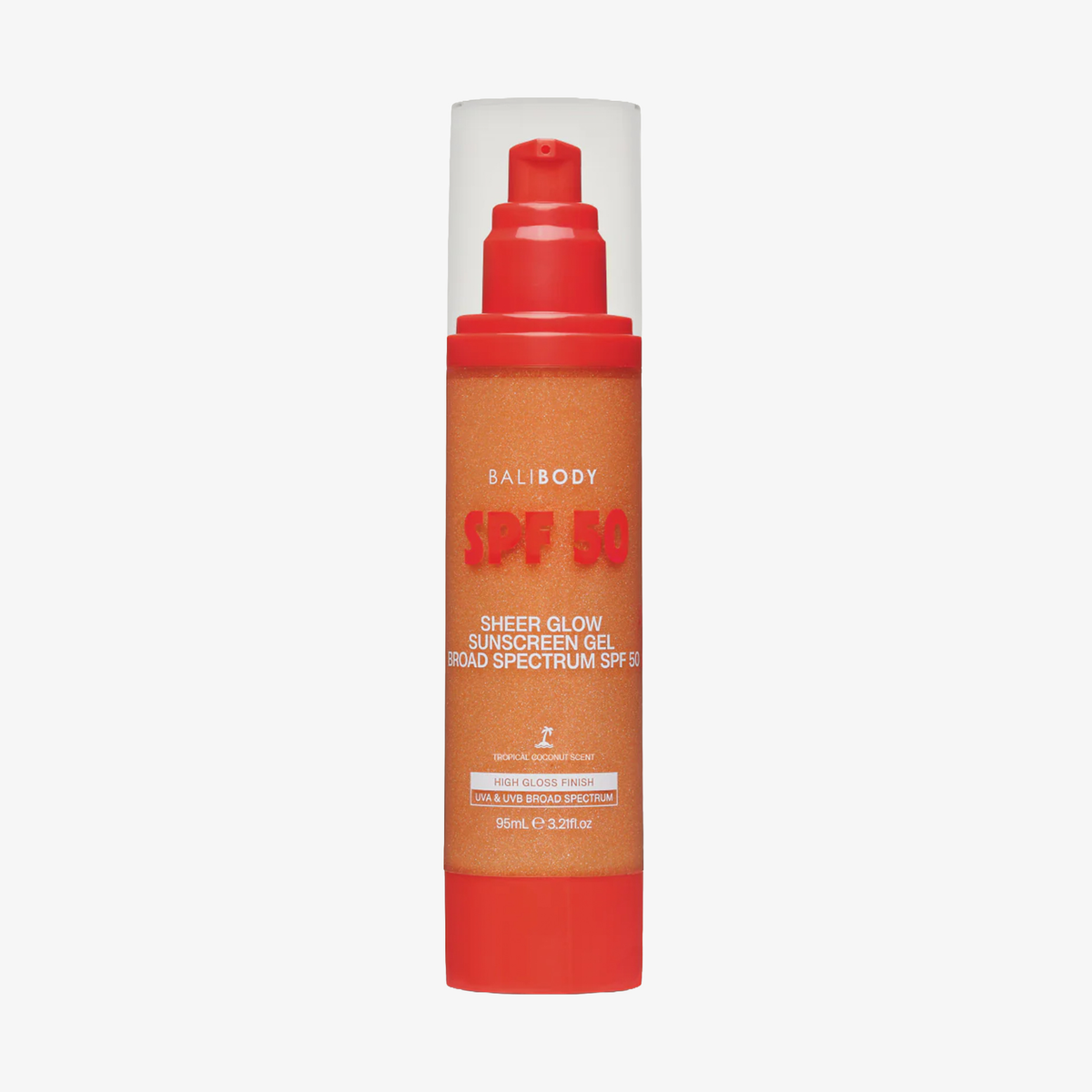 Eine orangefarbene Flasche „Bali Body Sheer Glow Sunscreen Gel LSF 50“ mit Pumpspender und weißer Beschriftung.