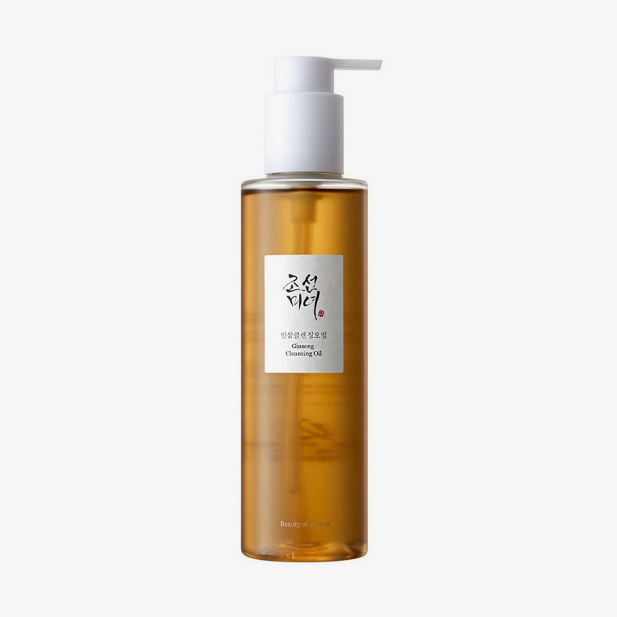 Eine braune, leicht transparente Flasche Ginseng Cleansing Oil mit weißer Pumpe vor weißem Hintergrund