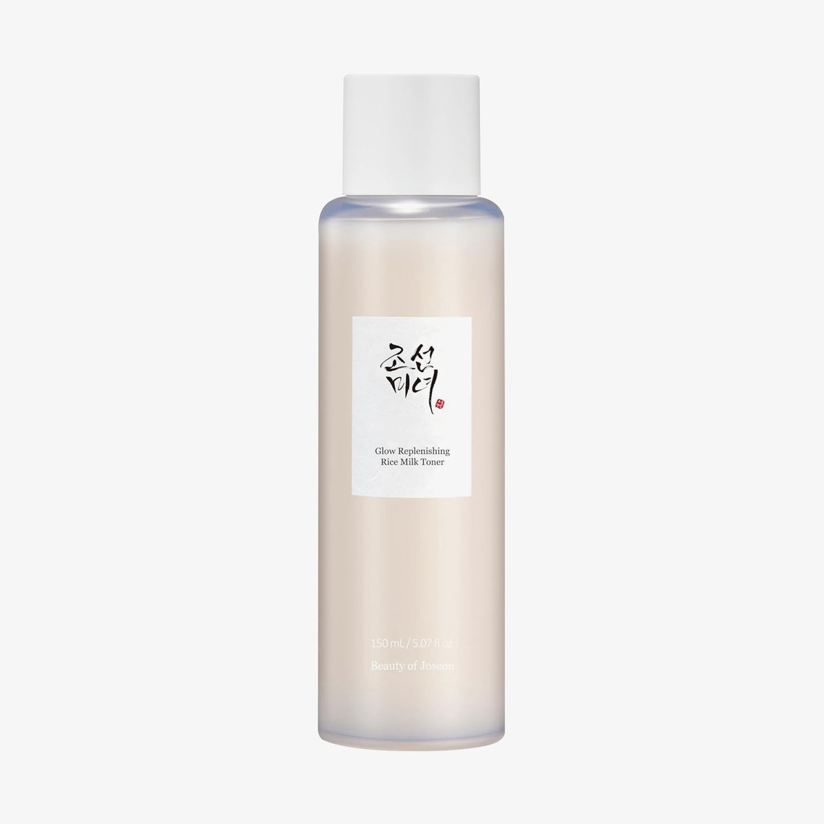 Mattierte transparente Flasche Glow Repleneshing Rice Milk von Beauty of Joseon mit weißem Deckel.