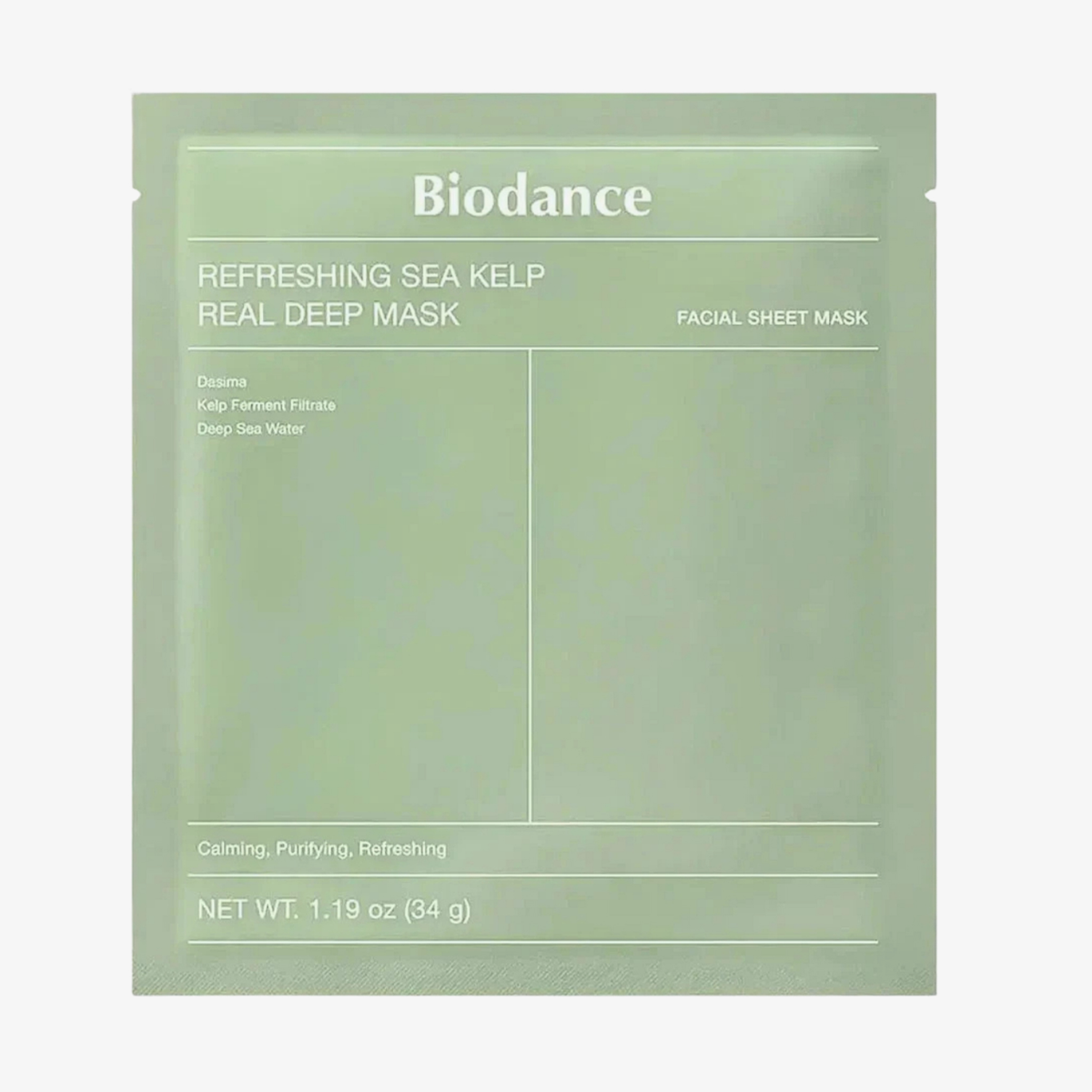 Biodance Refreshing Sea Kelp Real Deep Mask, 34 g Gesichtsmaske in einer hellgrünen Packung.