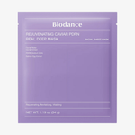 Biodance Rejuvenating Caviar PDRN Real Deep Mask Gesichtsmaske in lilaner Verpackung mit Produktname auf der Verpackung.
