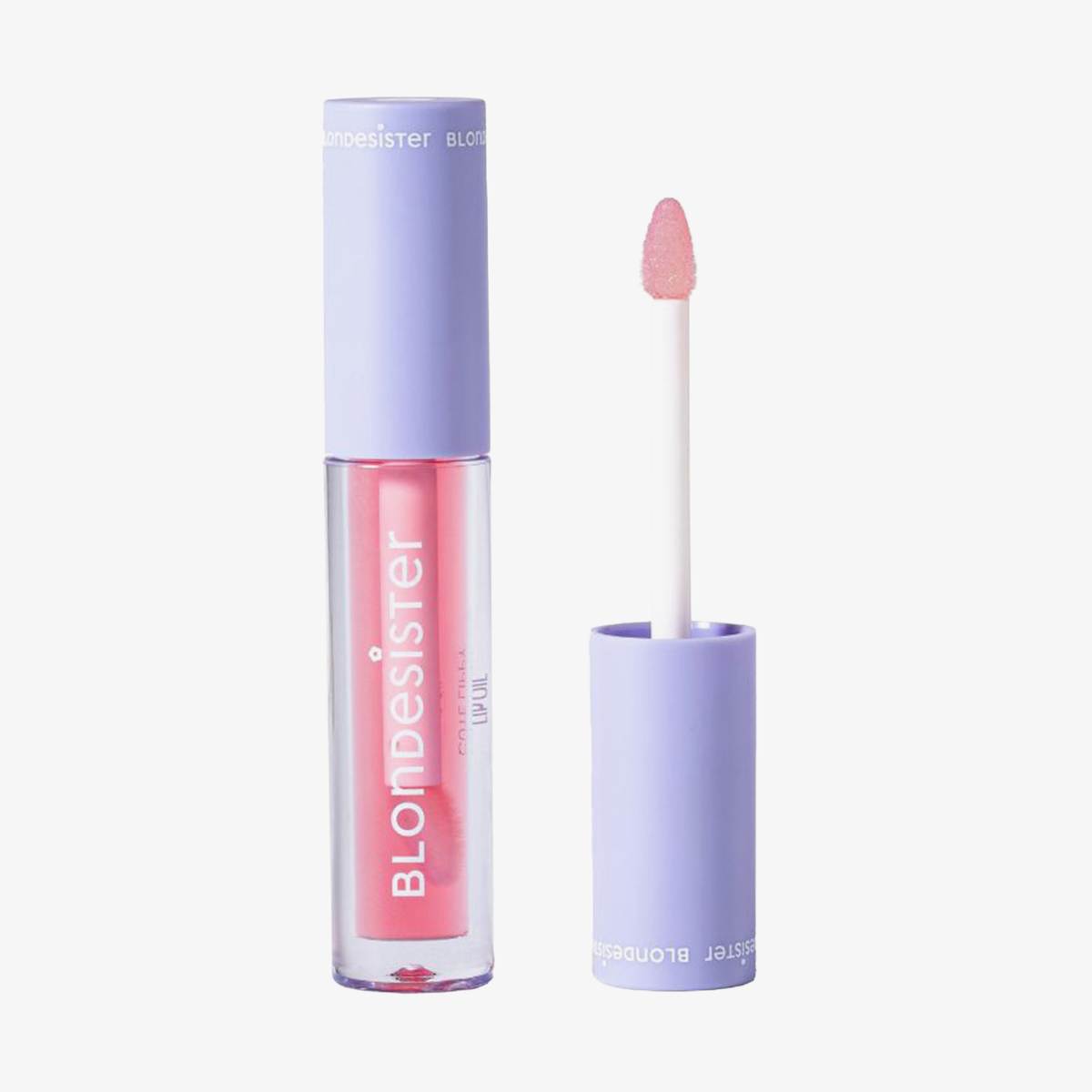 BLONDESISTER 3-IN-1 CUTE LIPPY LIP OIL: Rosa Lipgloss in einer durchsichtigen Tube mit violettem Verschluss und passendem Applikator.