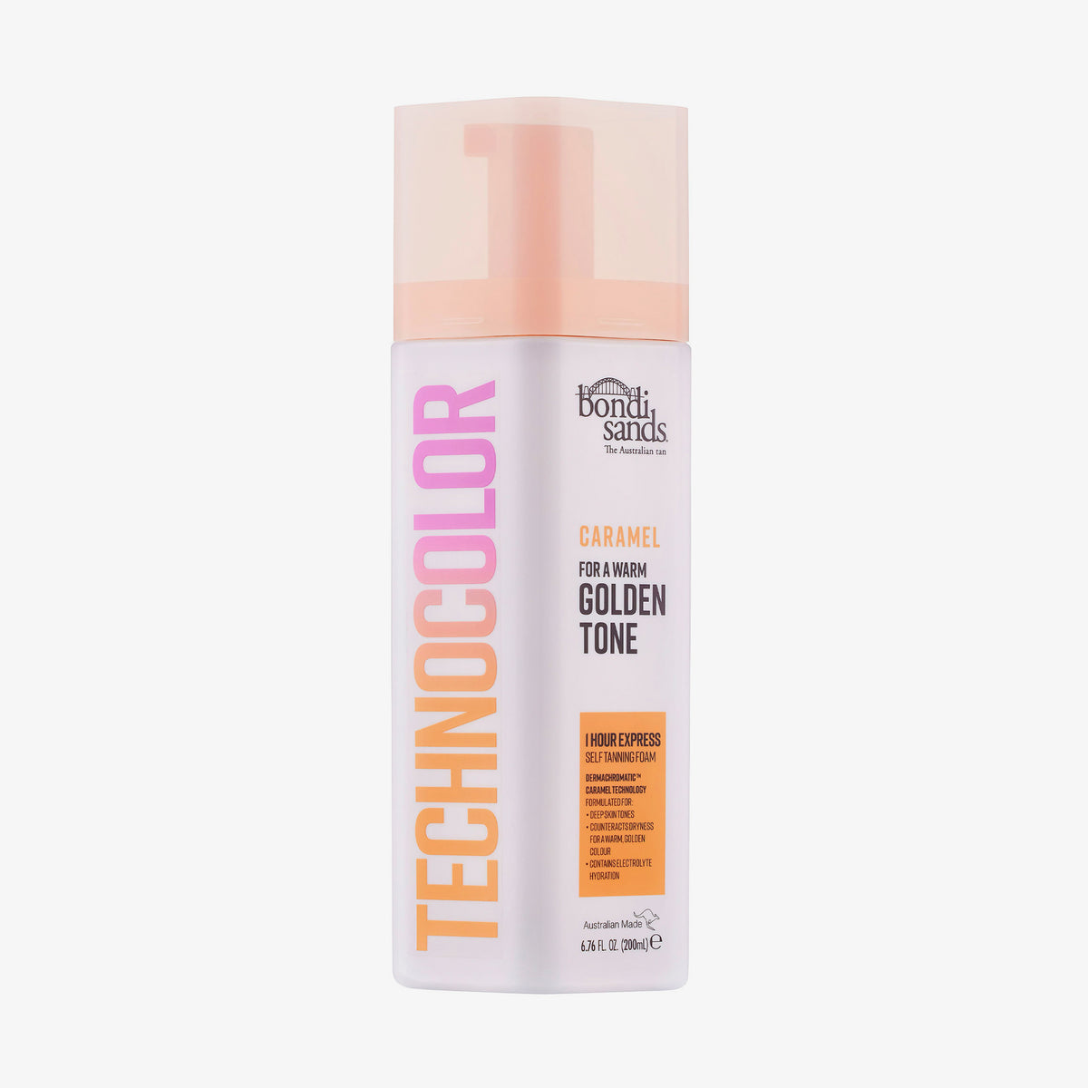 Weiße Falsche Bondi Sands Technocolor 1 Hour Express Self Tanning Foam Caramel mit pfirsichfarbenem Deckel auf weißem Hintergrund.
