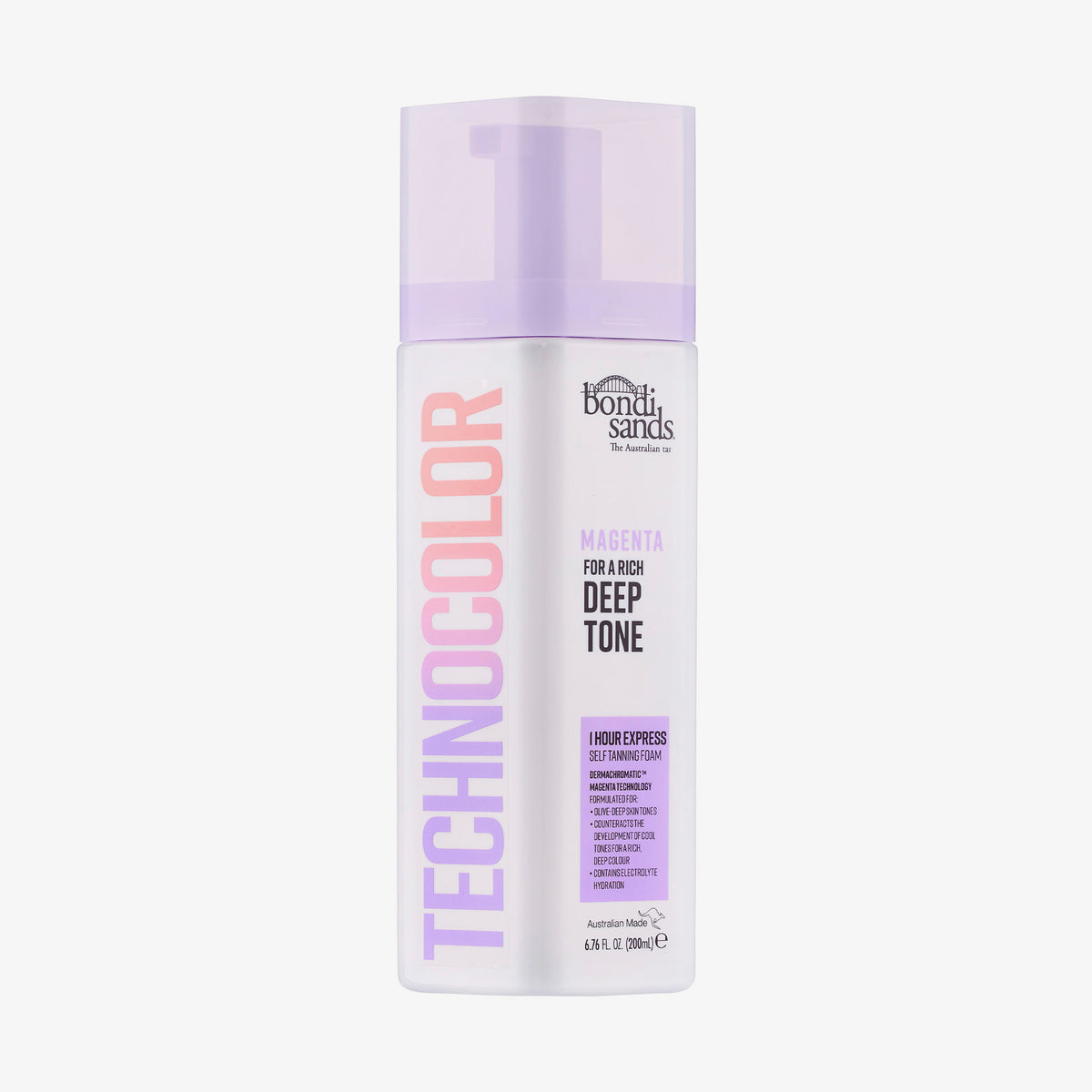 Eine weiße Flasche Bondi Sands Technocolor 1 Hour Express Self Tanning Foam Magenta mit violetter Kappe auf weißem Hintergrund.