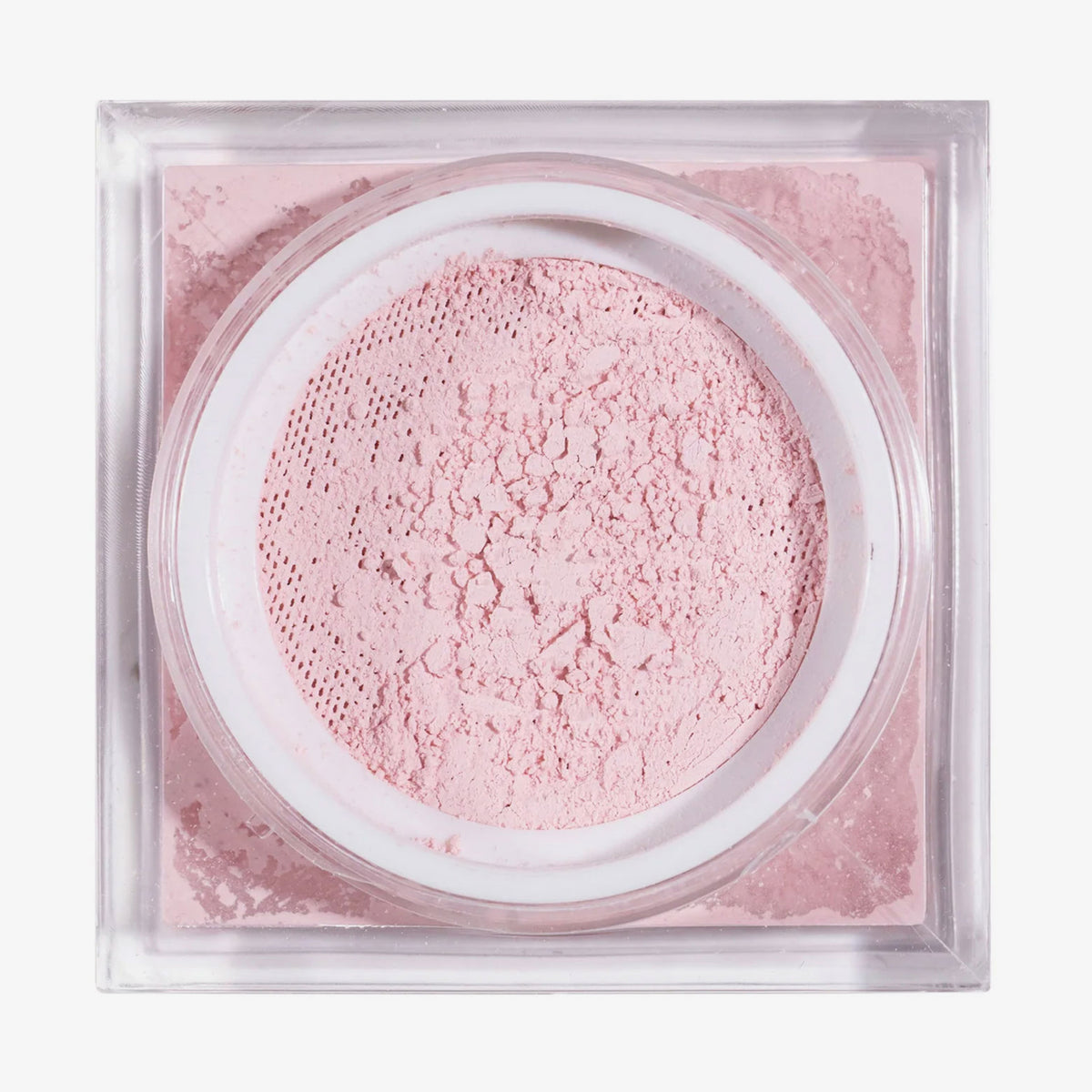 Offener quadratischer Behälter mit dem losem BPerfect Cosmetics x Katie Daley Perfect Powders Candyfloss aus der Vogelperspektive.