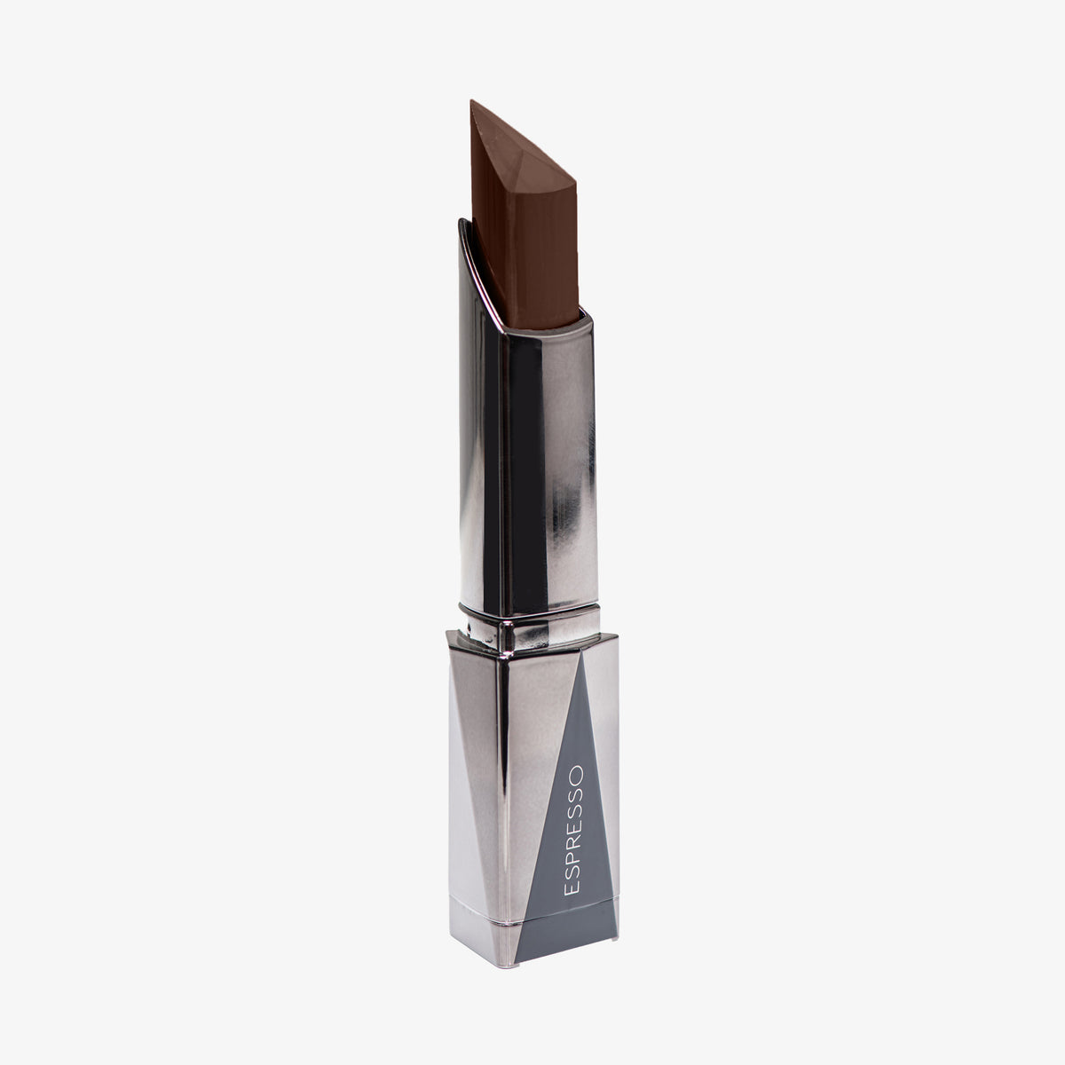 Shapestick Bronze & Define Espresso in einem dunklen neutralen Braun-Ton in dreieckigem silbernem Drehgehäuse vor weißem Hintergrund.