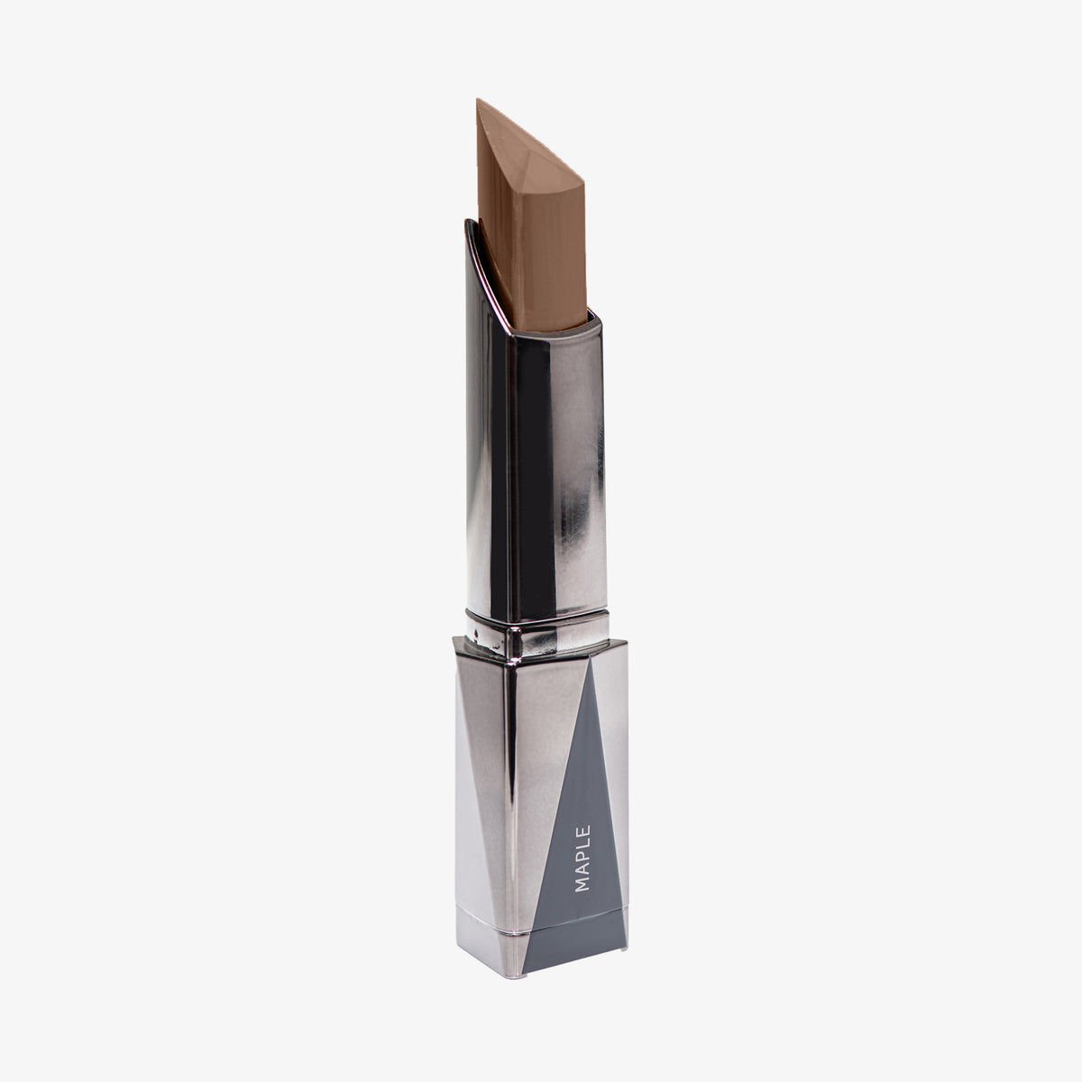 Shapestick Bronze & Define Maple in einem kühlen mittleren Braun in dreieckigem silbernem Drehgehäuse vor weißem Hintergrund.