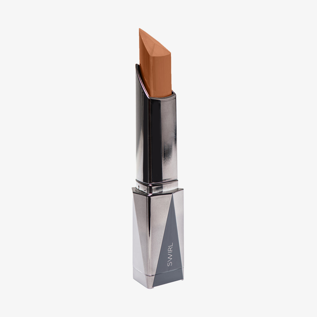 Shapestick Bronze & Define Swirl in einem warmen hellen Braun in dreieckigem silbernem Drehgehäuse vor weißem Hintergrund.